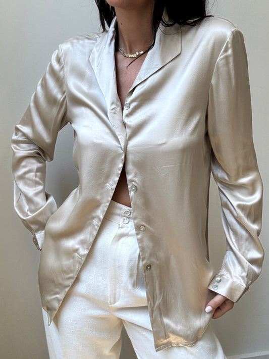 Vintage Silk Champagne Button-Up Size Medium