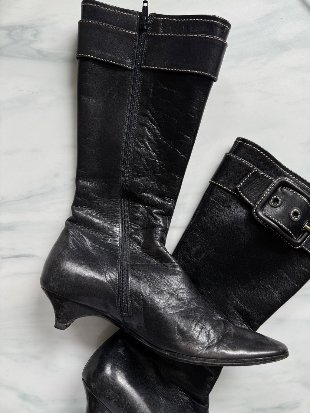 Vintage Miu Miu Knee-High Black Leather Heeled-Boot Size 6
