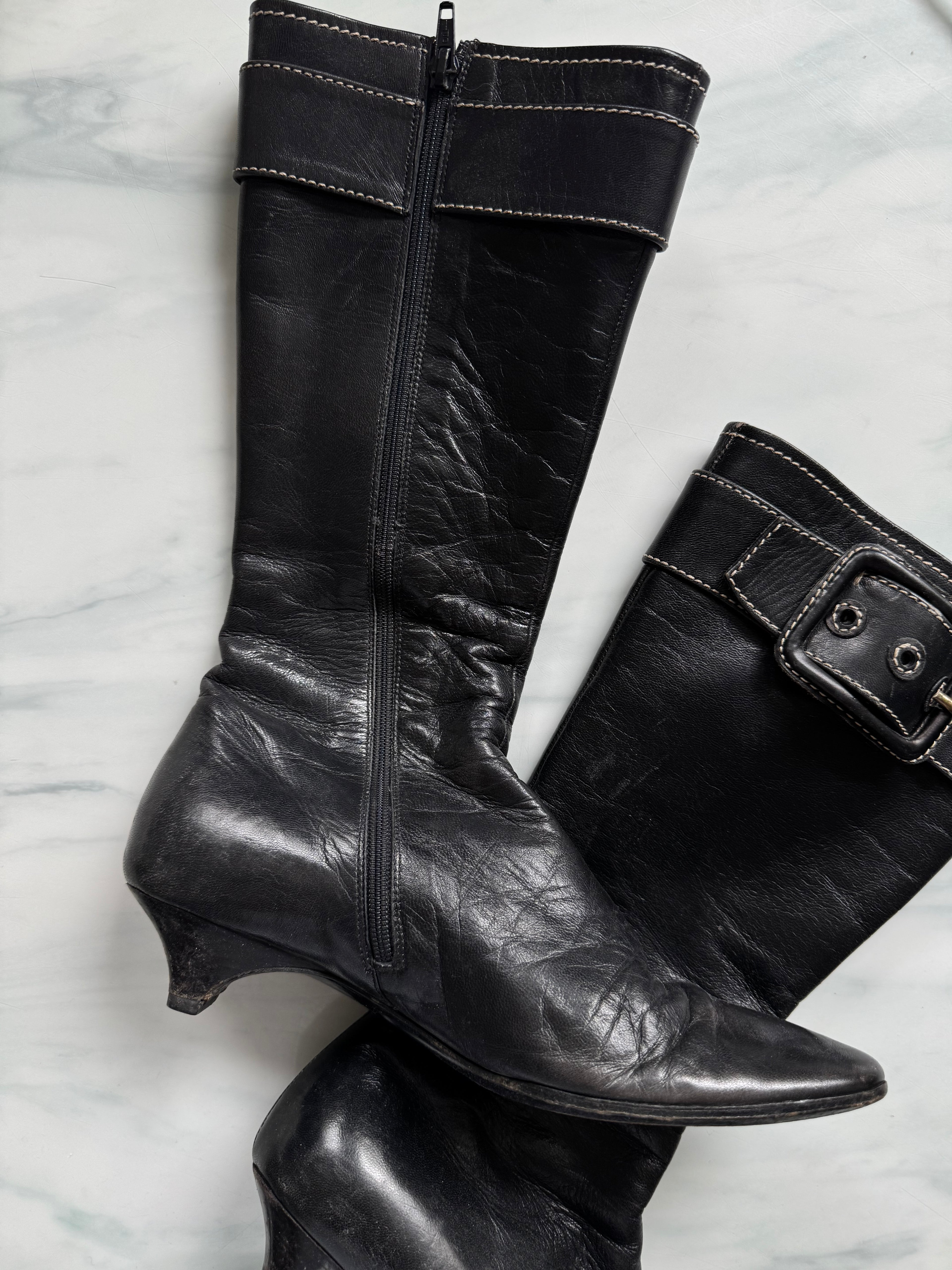 Vintage Miu Miu Knee-High Black Leather Heeled-Boot Size 6