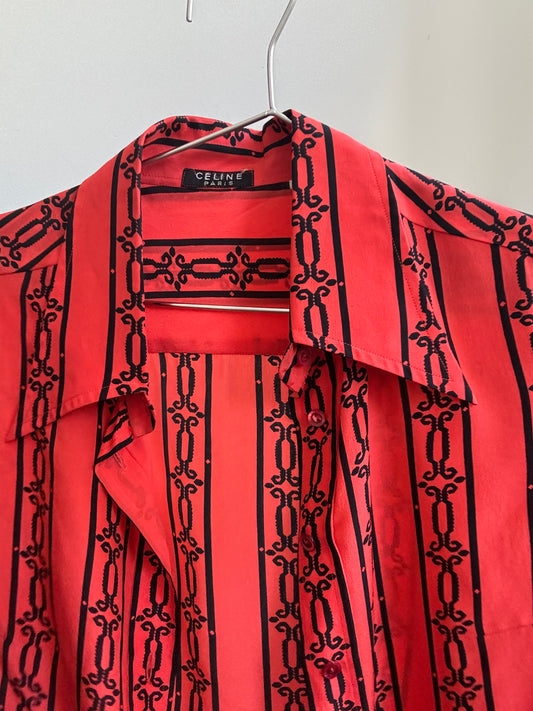 Vintage Celine Silk Red and Black Printed Button Up Size S