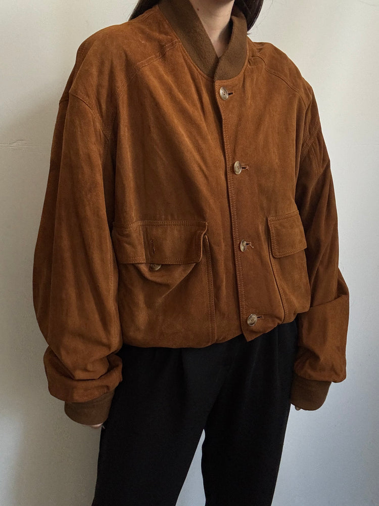 Vintage Dark Caramel Brown Suede Button Up Jacket Size Medium