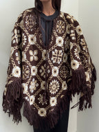 Vintage Brown Knit Reversable Fringe Poncho Size Large