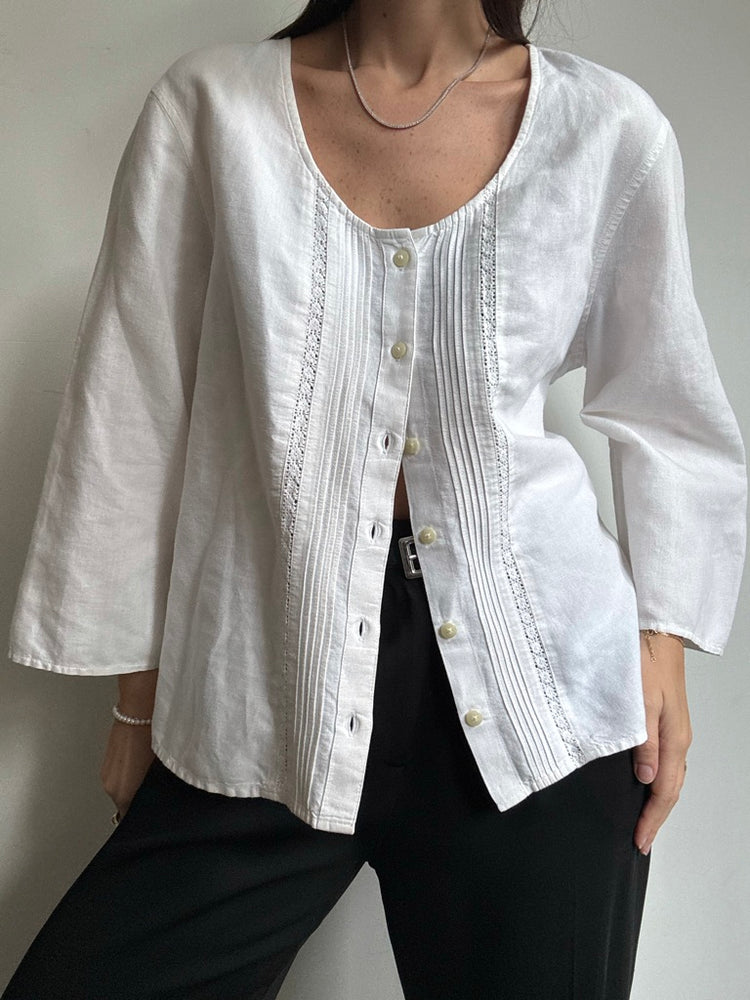 Vintage White Wide Sleeve Blouse + Lace Trim Size Large