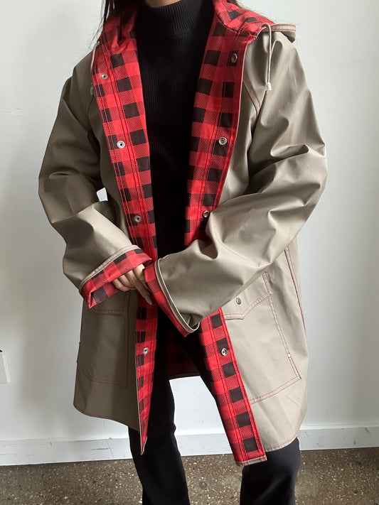 Vintage Tan Raincoat + Red Plaid Interior Size Extra Large