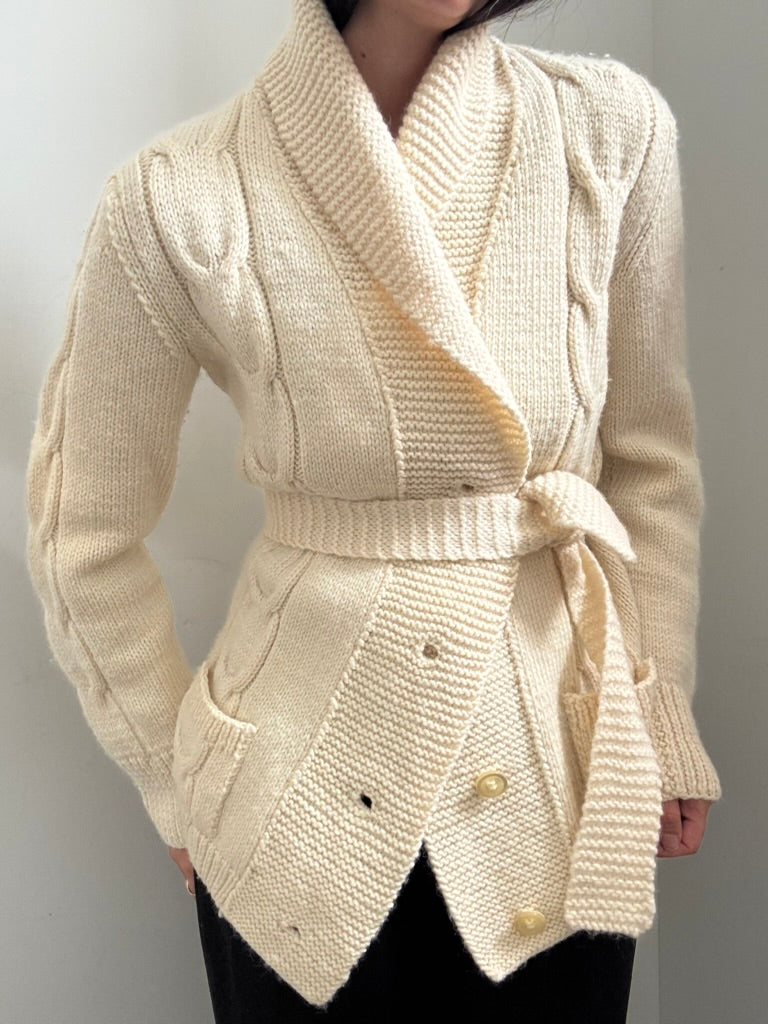 Vintage Ivory Belted Cardigan Sweater Size Large