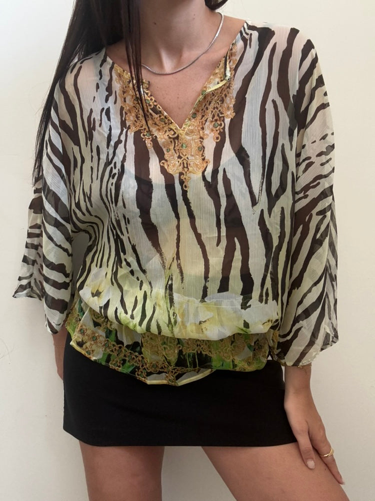 Sheer Zebra Print 3/4 Sleeve Cover-Up Size 2