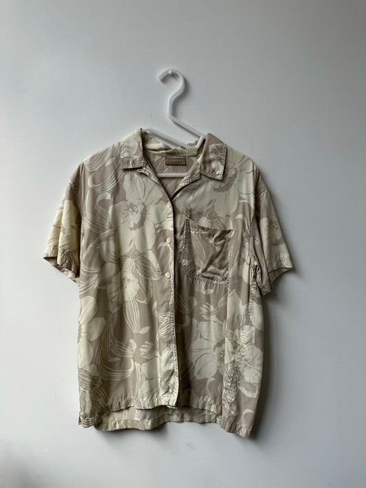 Vintage Beige Tropical Flower Print Button-Up Shirt Size Medium