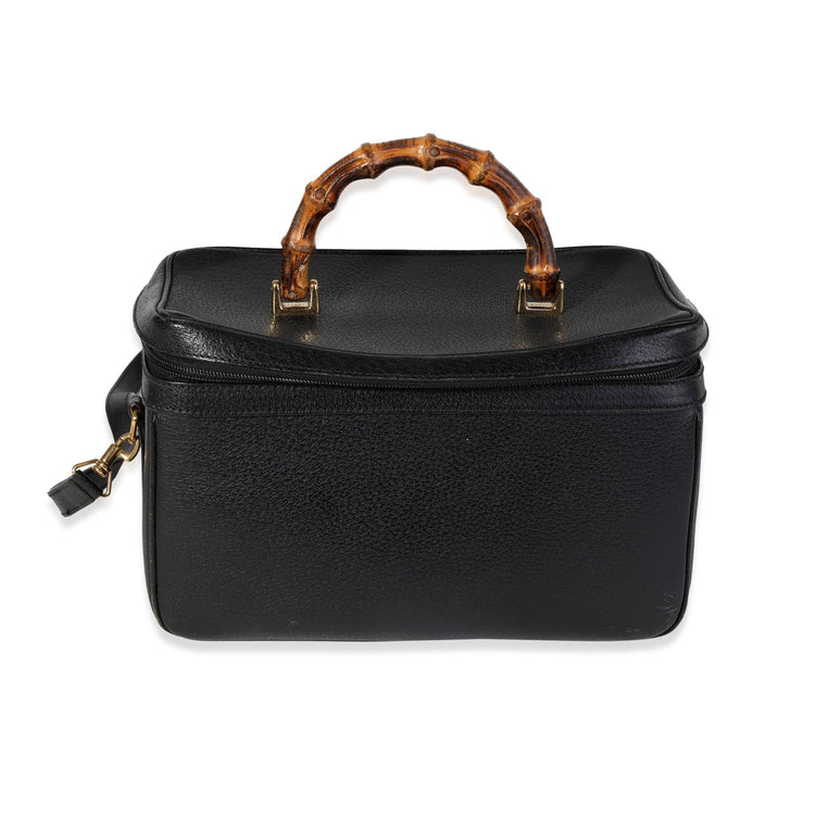 Vintage Black Textured Leather Bamboo Handle Vanity Bag