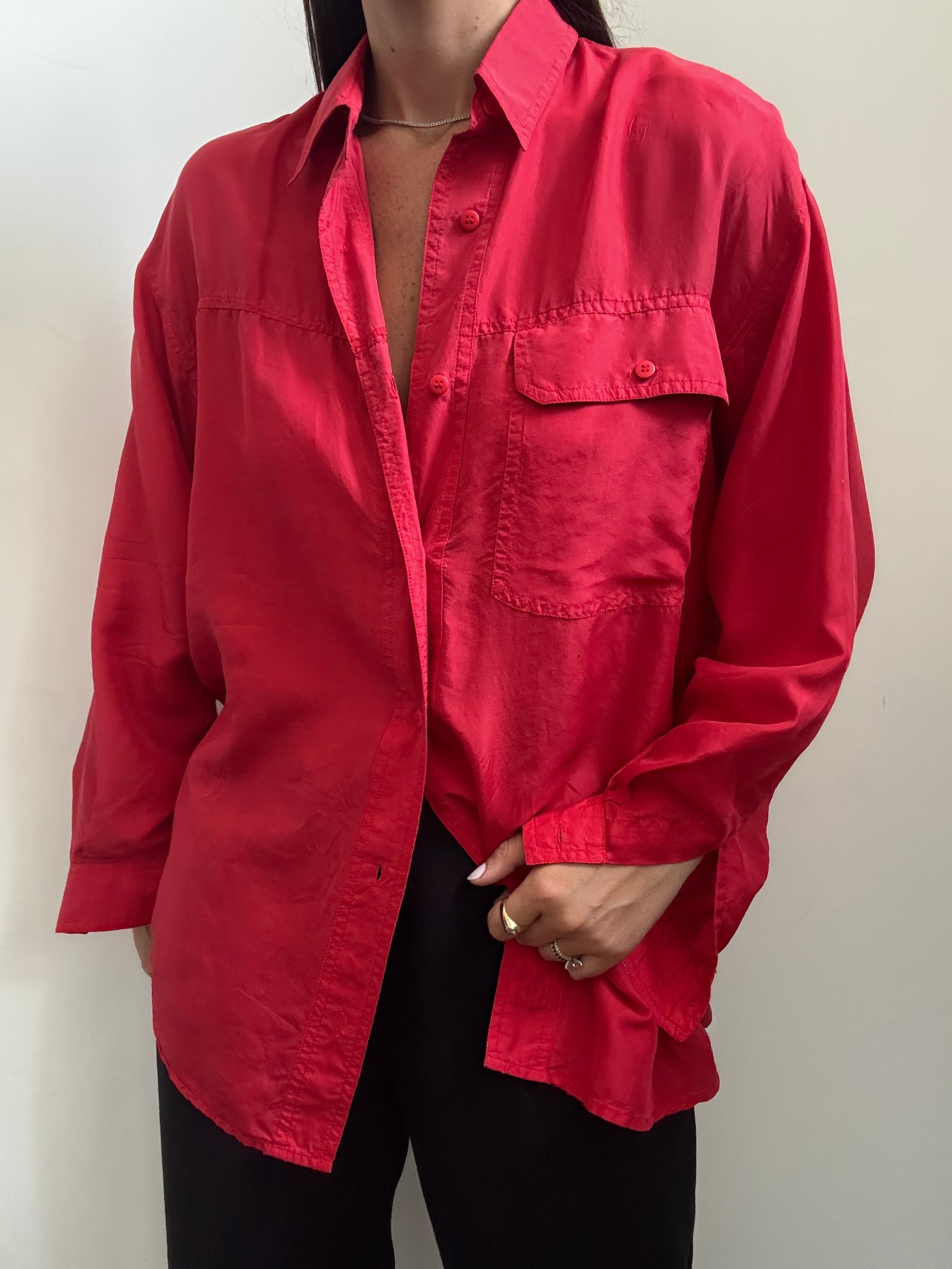 Vintage Red Silk Button Up Blouse Size Medium