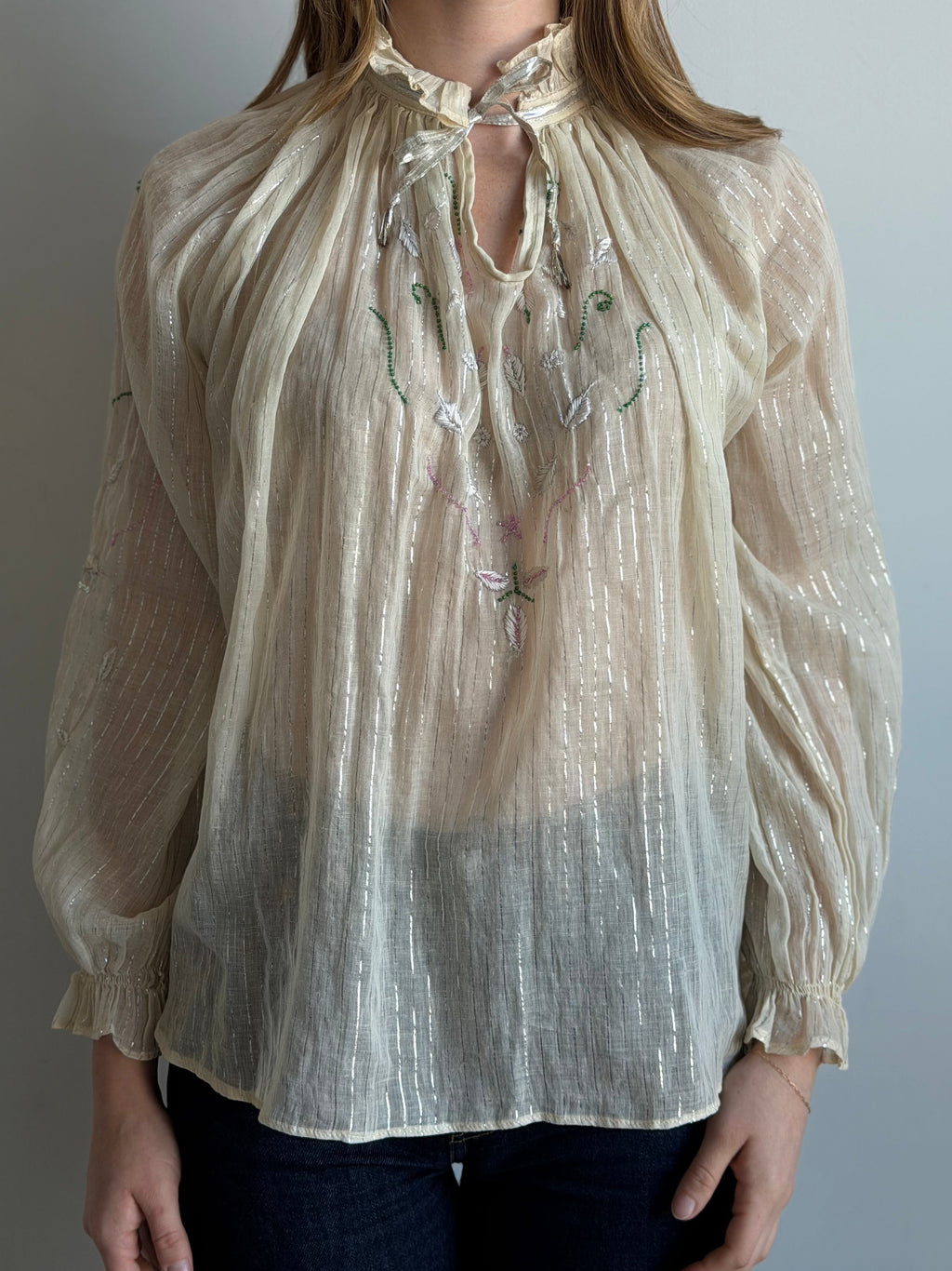 Vintage 1960's Ivory Sheer Cotton Embroidered Blouse Size Medium