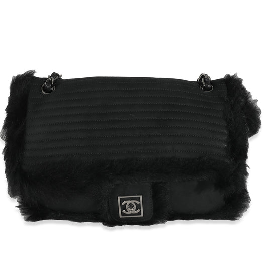 Pre-Loved 2006 Chanel Black Horizontal Stitch Shearling CC Flap Bag