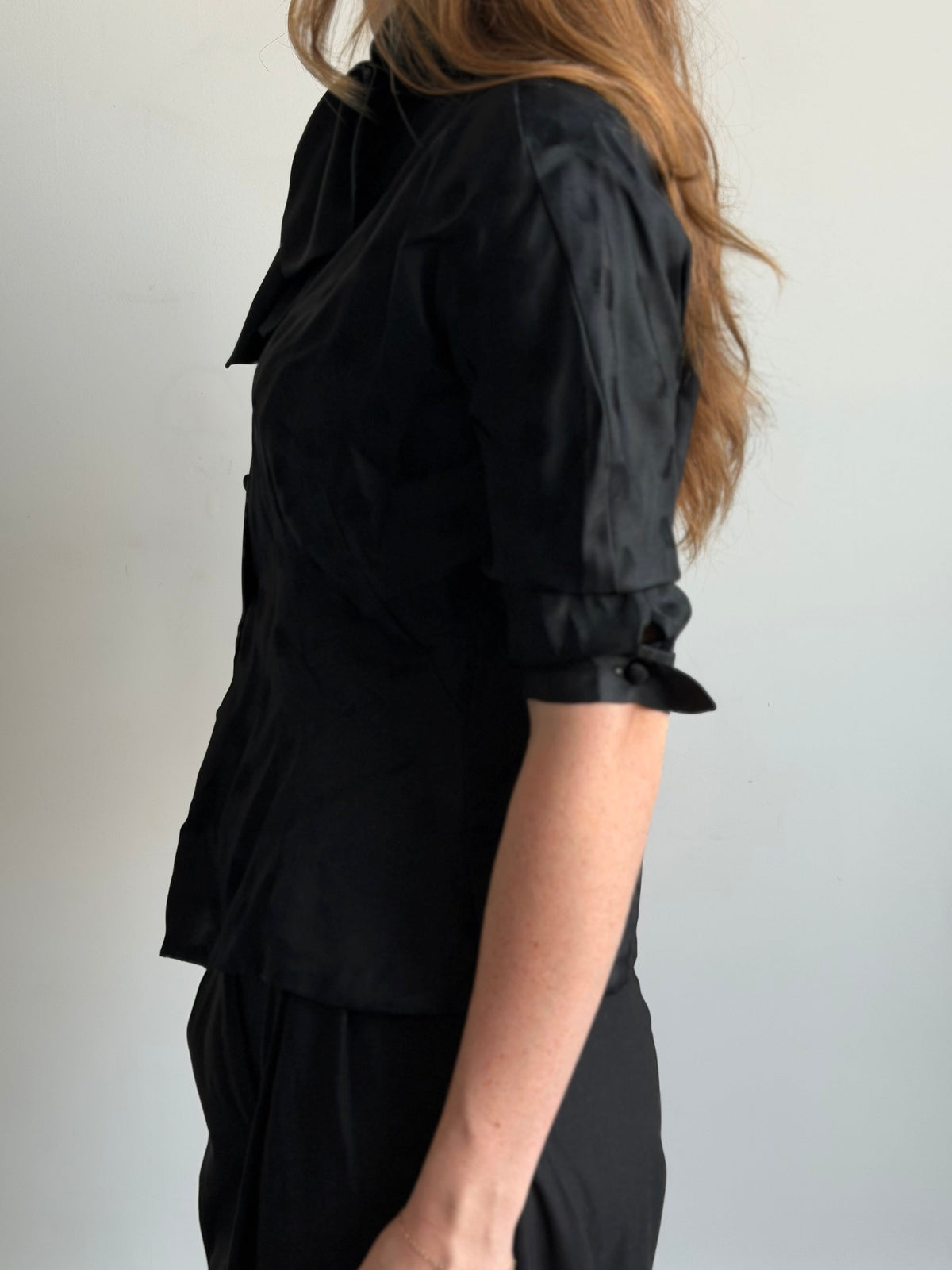 Vintage Black Polka Dot Tied Fitted Blouse Size Medium