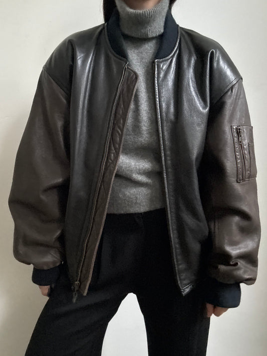 Vintage Chocolate Brown + Black Leather Bomber Size Medium/Large
