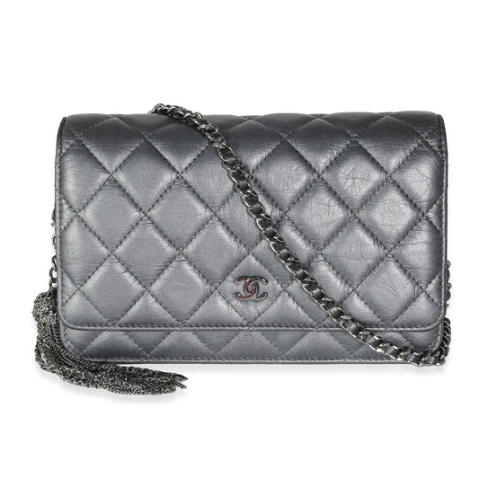 Pre-Loved Chanel Dark Silver Quilted Calfskin Tassel Wallet On Chain