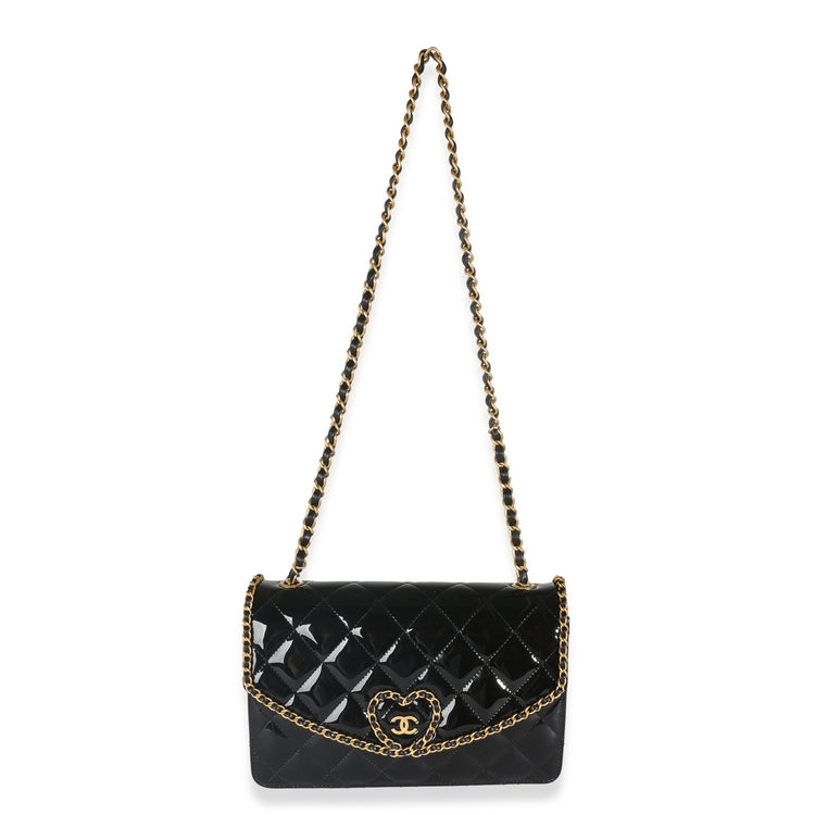 Pre-Loved Chanel Black Quilted Patent Chain Heart Flap Bag