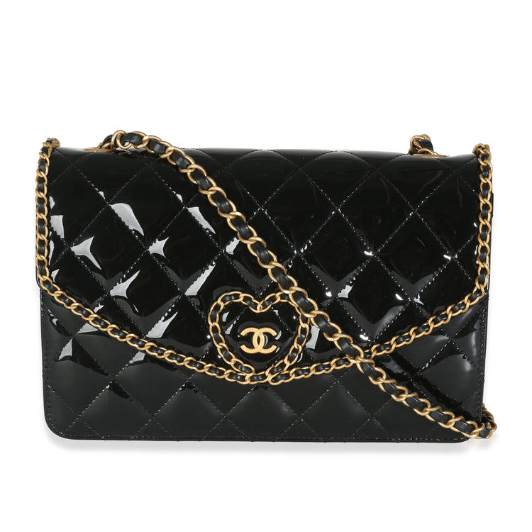 Pre-Loved Chanel Black Quilted Patent Chain Heart Flap Bag