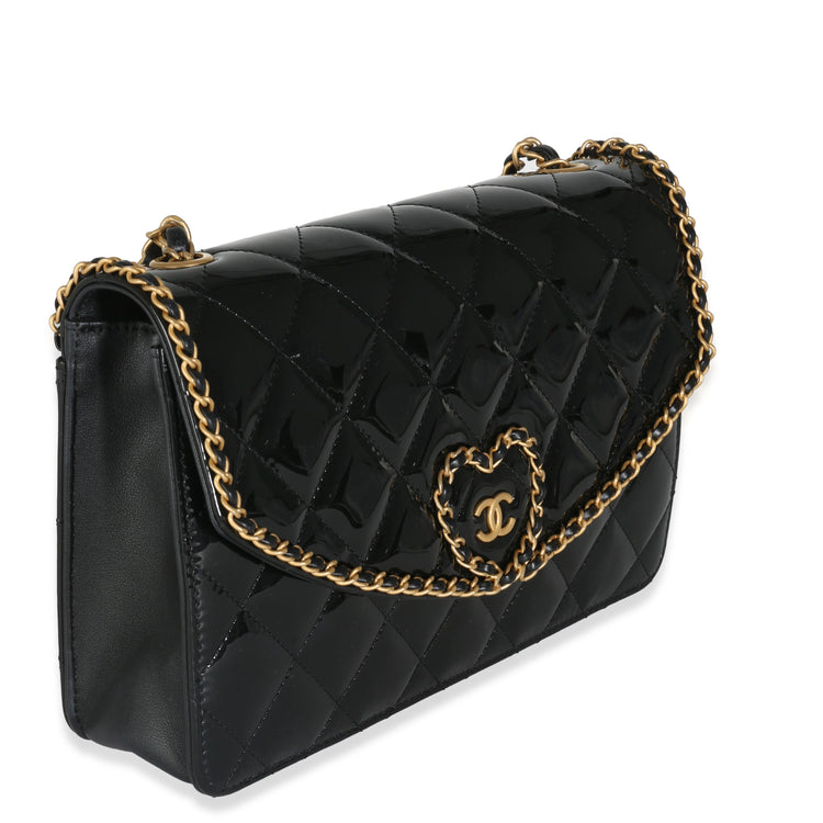 Pre-Loved Chanel Black Quilted Patent Chain Heart Flap Bag