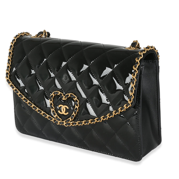 Pre-Loved Chanel Black Quilted Patent Chain Heart Flap Bag