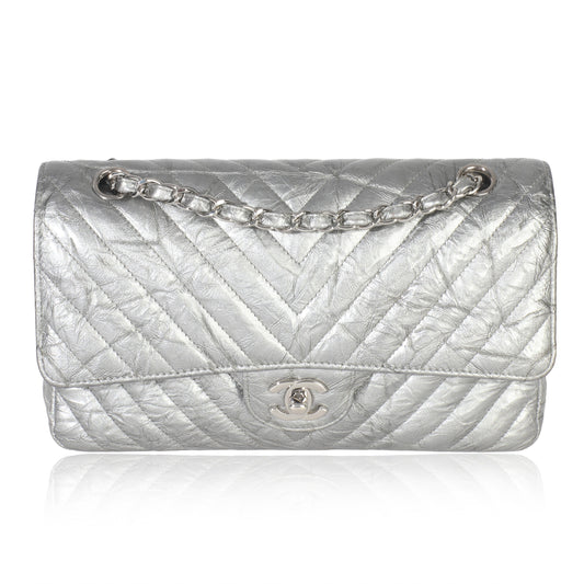 Silver Metallic Patent Crumpled Calfskin Chevron Medium Double Flap Bag