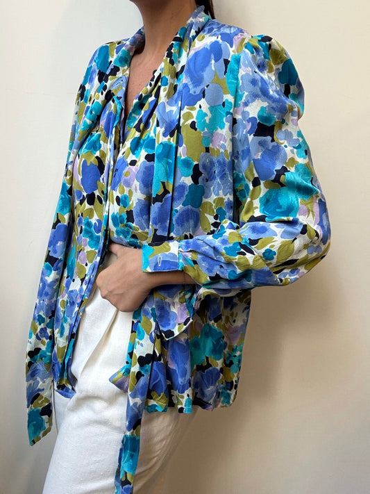 Vintage Silk Blue + Purple Floral Printed Blouse Size M