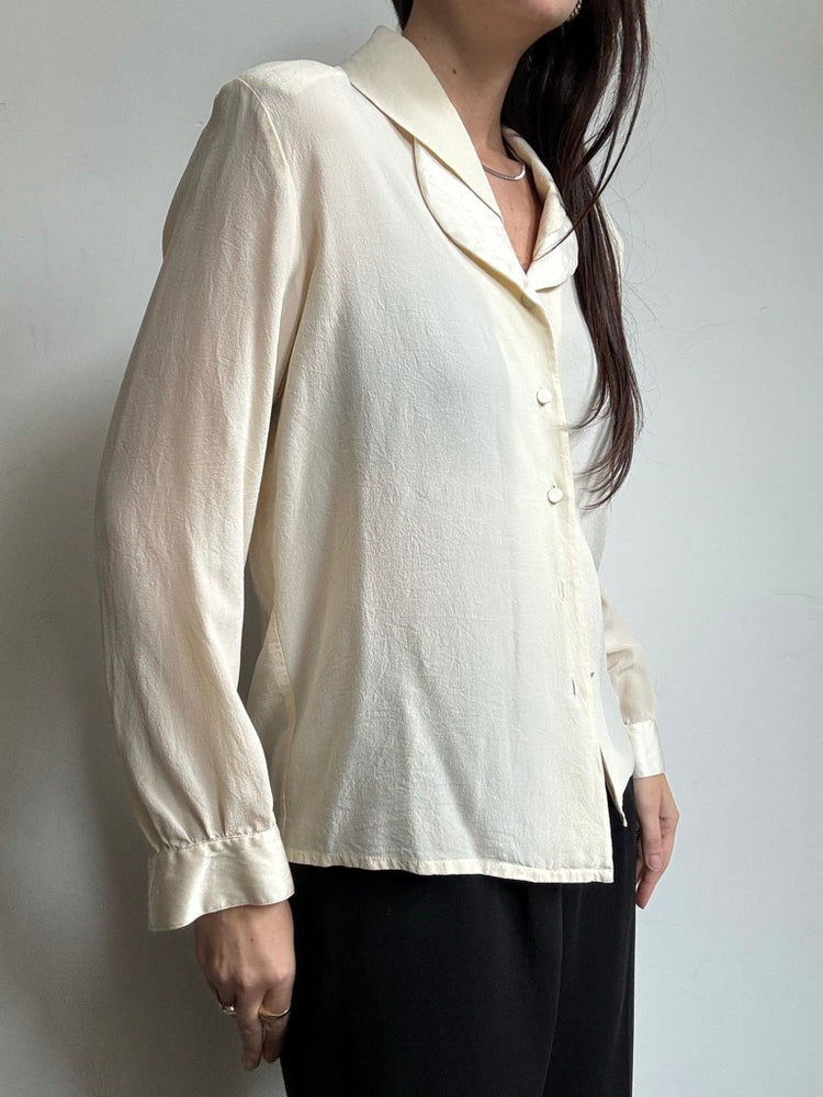 Vintage Cream Silk Button Up With Layered Collar Size M