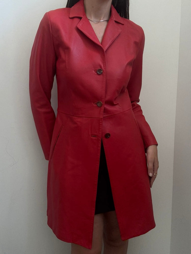 Vintage Cherry Red Mid-Length Leather Jacket Size Small