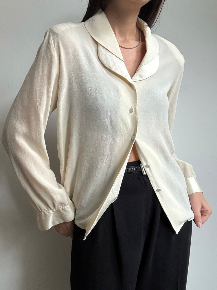 Vintage Cream Silk Button Up With Layered Collar Size M