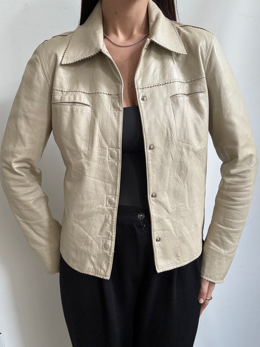 Vintage Beige Fitted Leather Jacket Size Medium