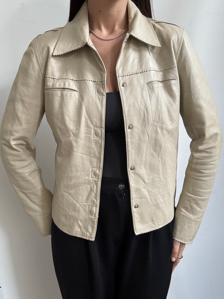 Vintage Beige Fitted Leather Jacket Size Medium