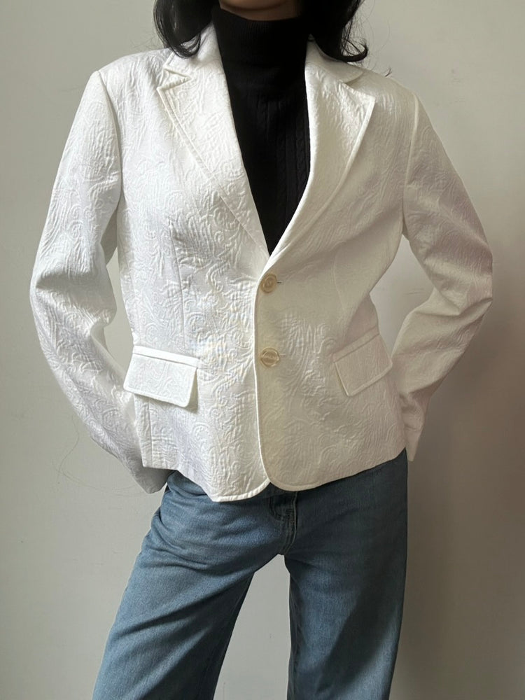 Vintage Jacquard Floral White Fitted Blazer Size Large