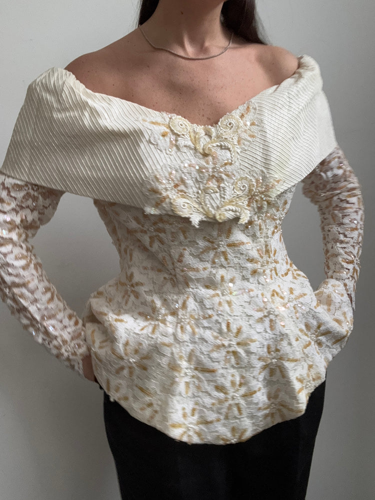Vintage Ivory Off the Shoulder 80's Top Large