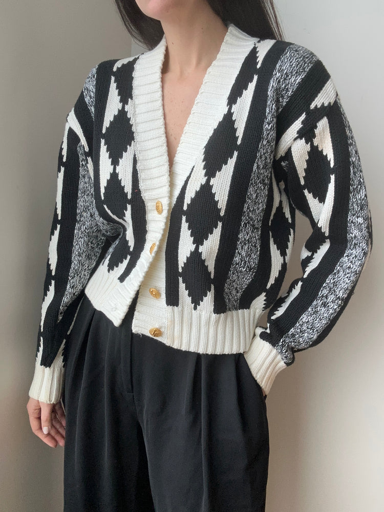 Vintage Black and White Argyle Cropped Cardigan Size Small