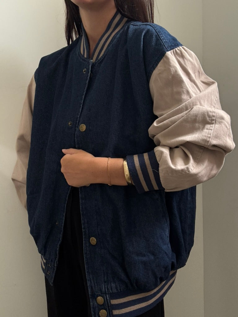 Vintage Denim Varsity Jacket Size Large