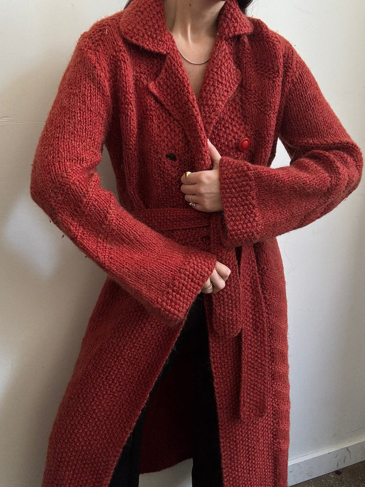 Vintage Rust Double Breasted Belted Long Cardigan Size Medium