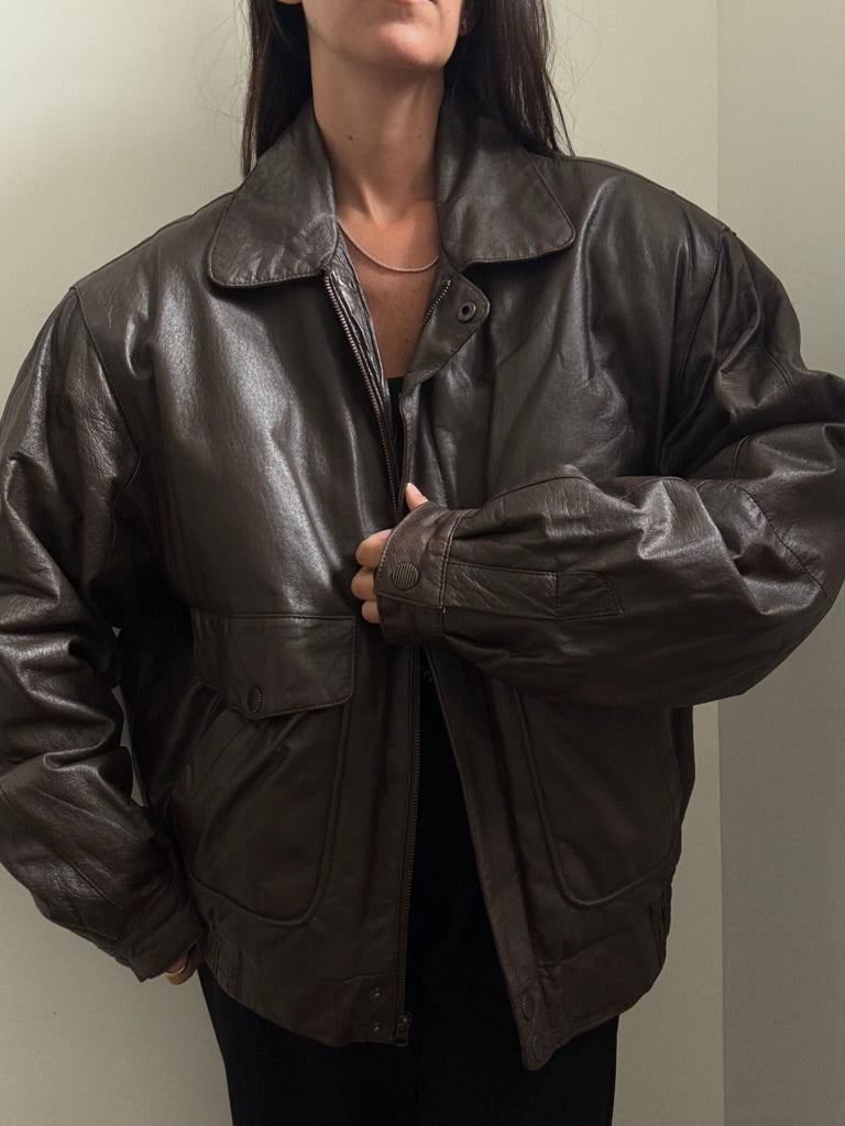 Vintage Dark Brown Leather Bomber Jacket Size XL
