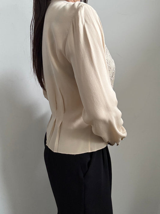 Vintage Beige Silk Button Up Blouse Size Medium