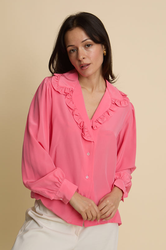 Vintage Saint Laurent Pink Ruffled Collar Blouse Size 6