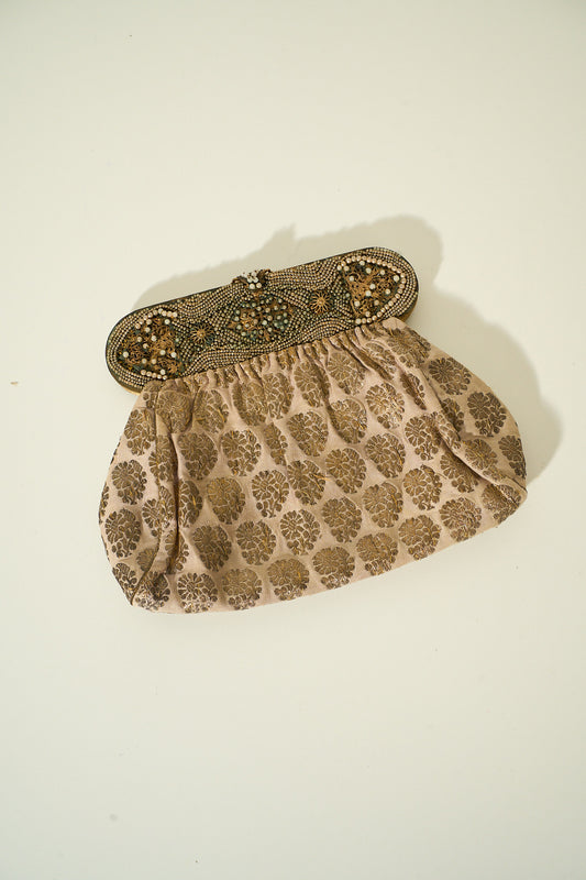 Vintage 1920'S's Beaded Brown and Gold Floral Pattern Clutch