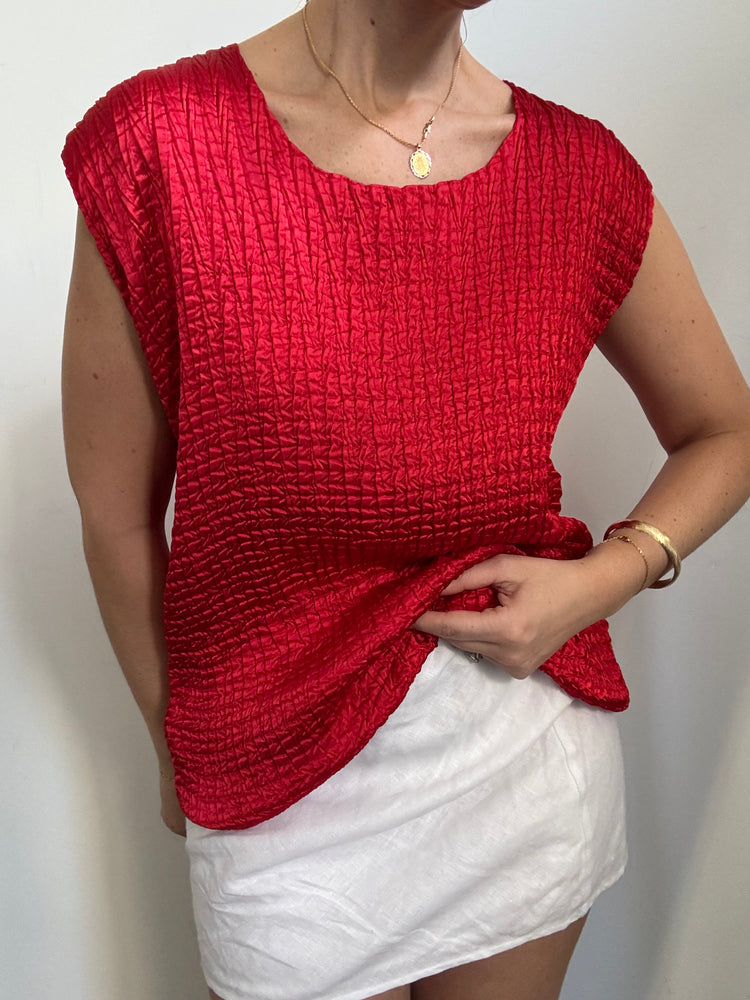 Vintage Red Crushed Taffeta Blouse Size XL