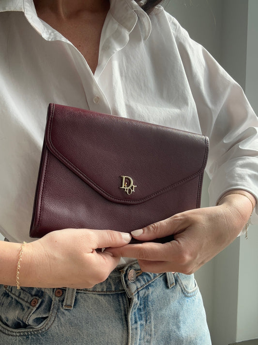 Vintage Christian Dior Burgundy Leather Classic Envelope Flap Shoulder Bag