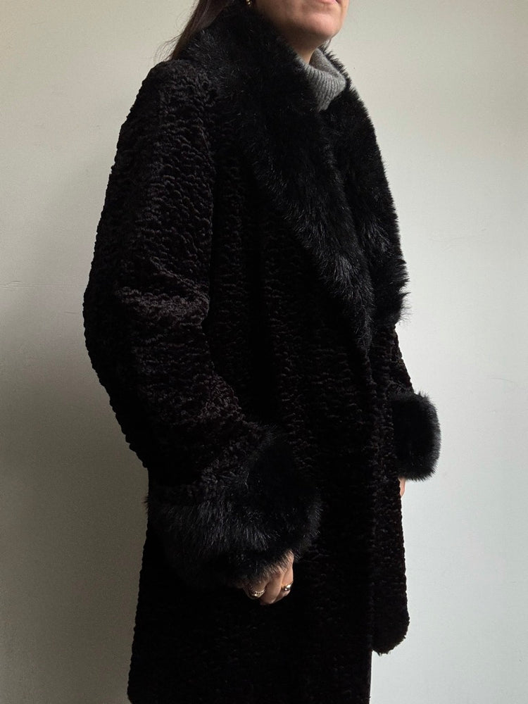 Vintage Black Faux Fur Trim Coat Size Small