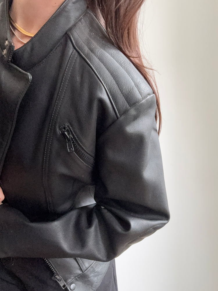 Vintage Black Leather Moto Bomber Size X-Small