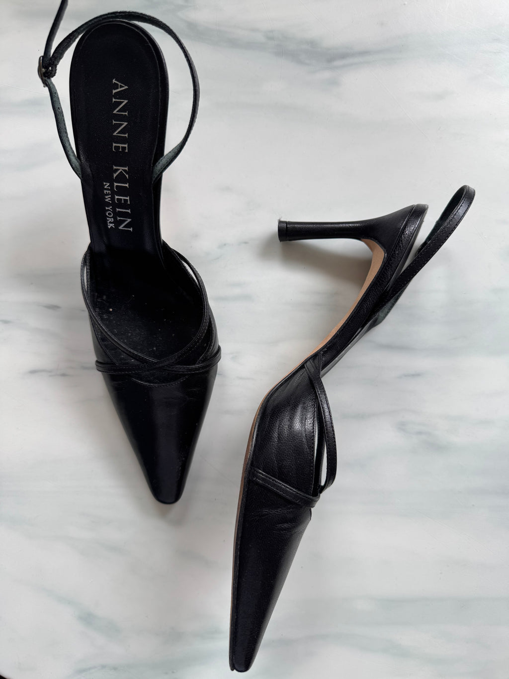 Vintage Black Leather Slingback Pointed Toe Heel Size 9