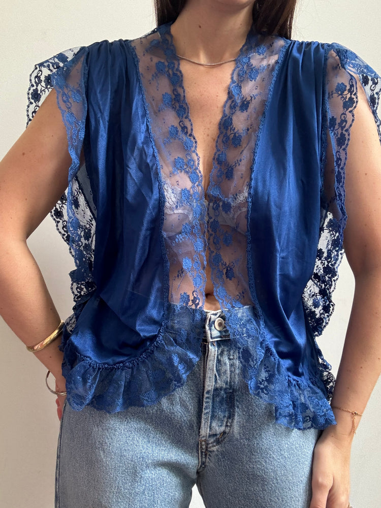 Vintage Royal Blue Sheer & Lace Evening Blouse Size Medium