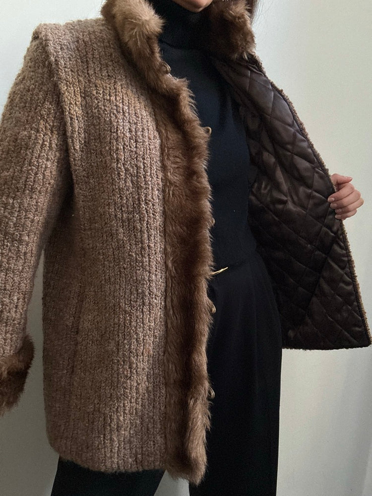 Vintage Wool Knit Faux Fur Trimmed Jacket Size Medium