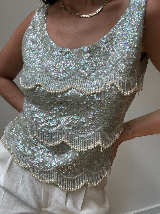Vintage Crystal + Iridescent Hand Beaded Tank Size Large