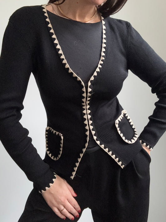 Vintage Black Knit Cardi with Ivory Accents Size Small