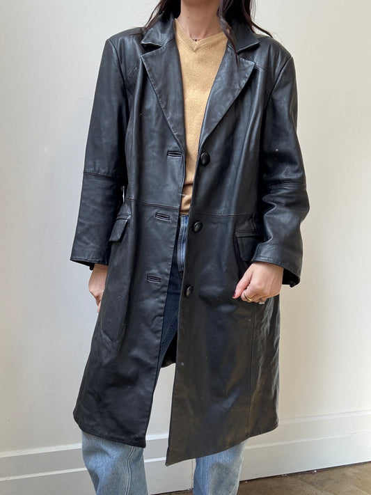 Vintage Black Leather Button-Up Jacket Size M