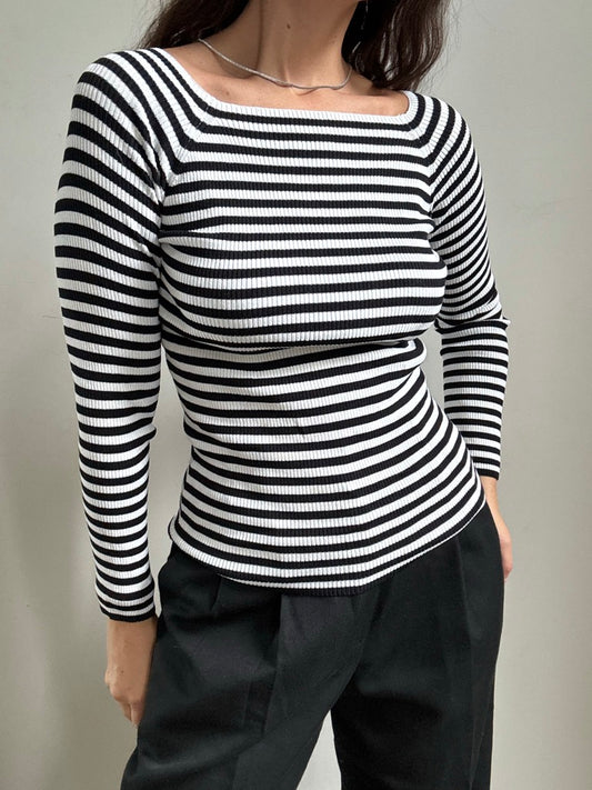 Vintage Black + White Striped Wide Neck Top Size Medium