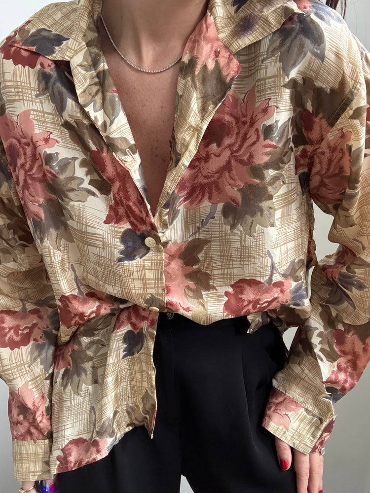 Vintage Silk Floral Button Up Size Large